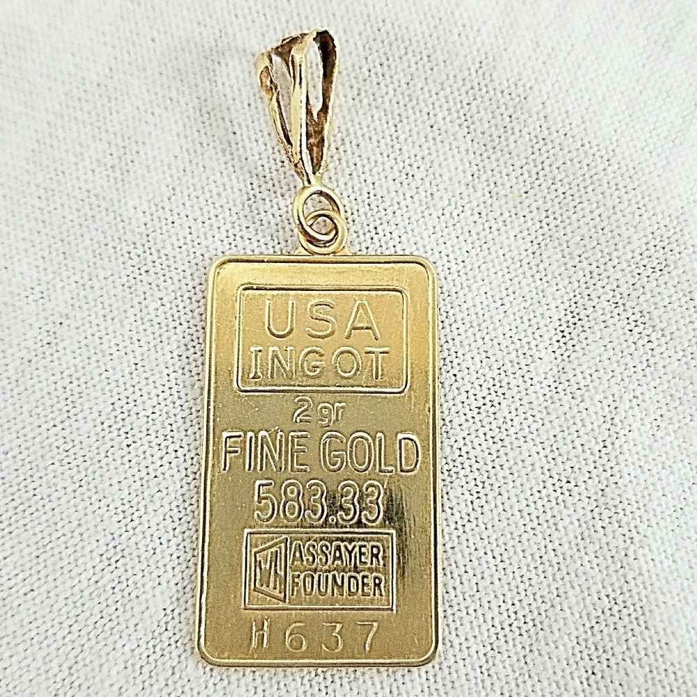 14kt Yellow Gold USA 2 Gram Ingot Pendant - Picture 2 of 8